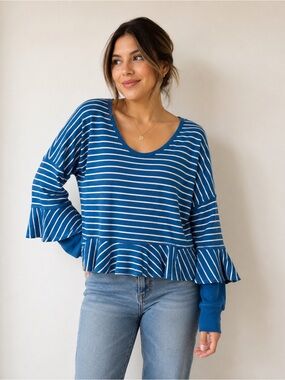 We The Free Blue White Striped Peplum Top Women’s SP Bell Sleeve Boho